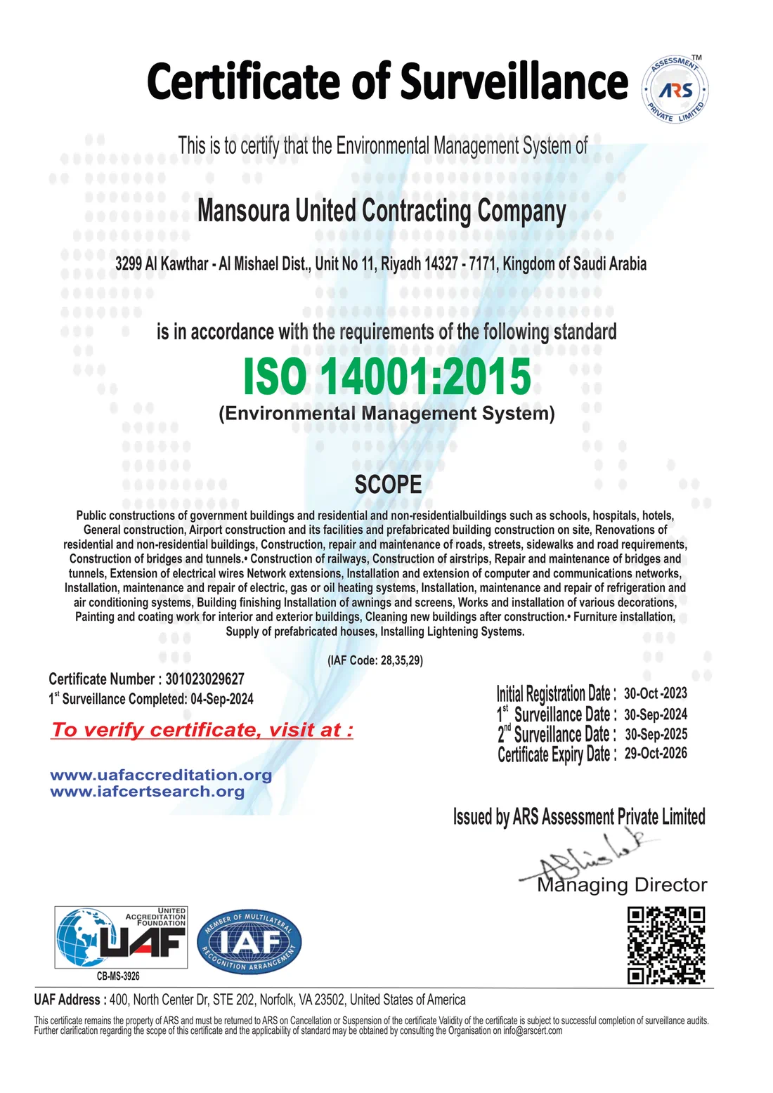 ISO 14001:2015 Certificate