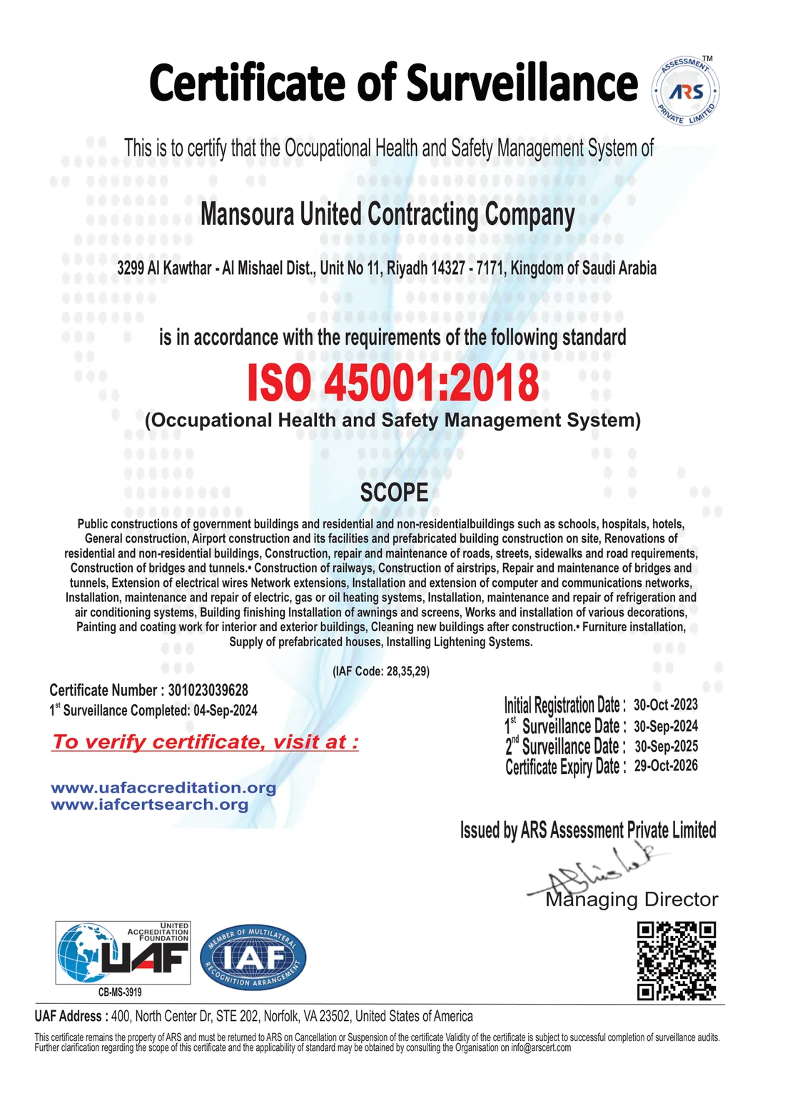 ISO 45001:2018 Certificate